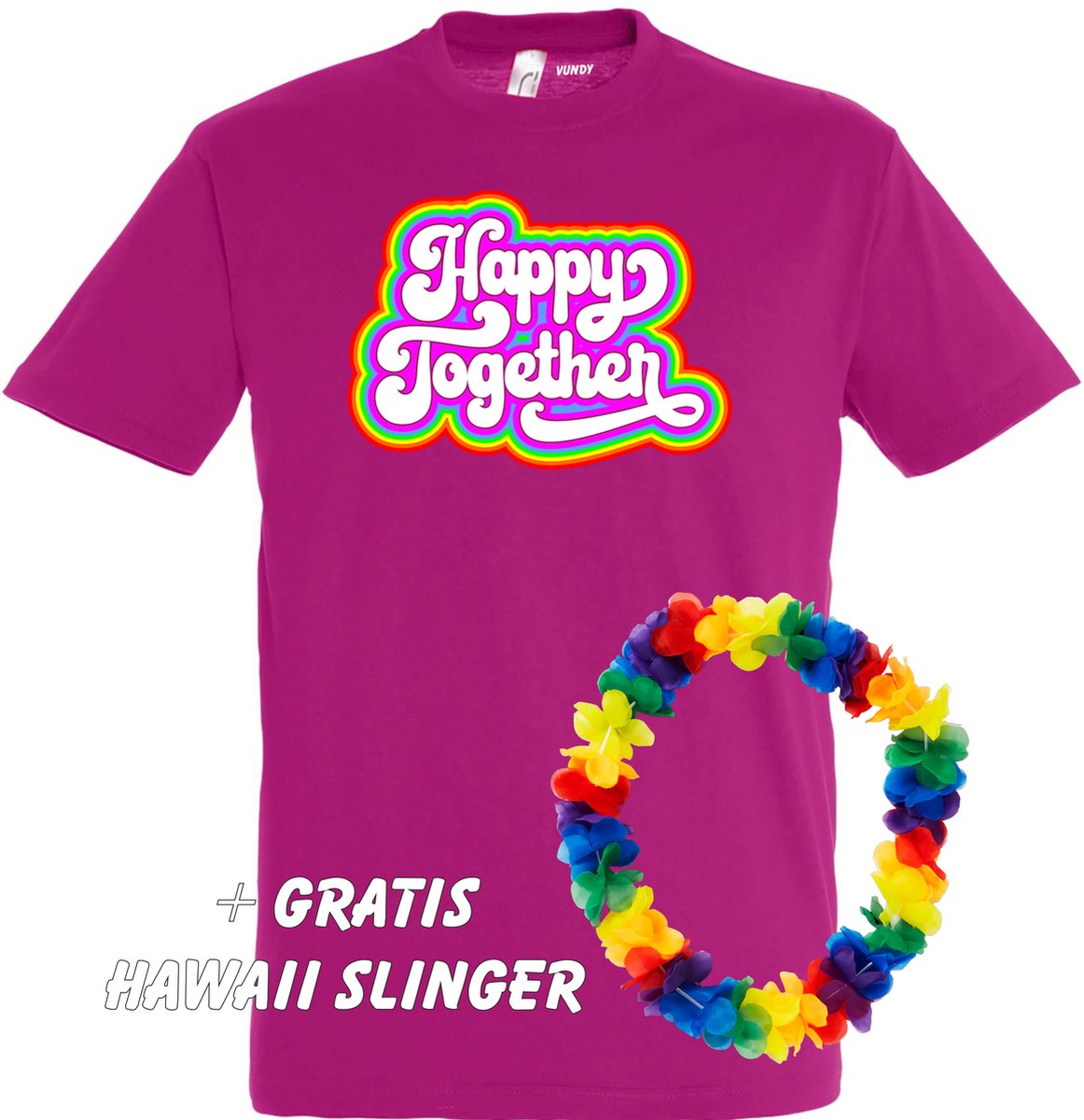 T-shirt Happy Together Regenboog | Toppers in Concert 2022 | Toppers kleding shirt | Flower Power | Hippie Jaren 60 | Fuchsia | maat 4XL